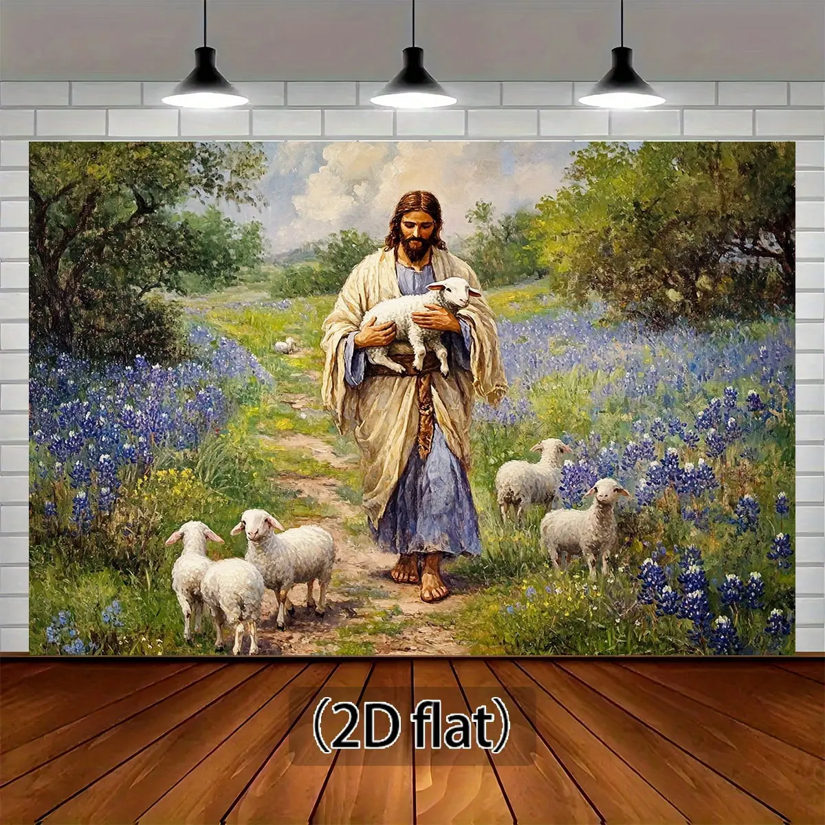 1pc, Vintage Biblical Pastorale Backdrop -  Shepherd with Lambs & Floral Landscape Photography Background - No Needed, Lightweight for Studio, Church Events, Easter Decorations - Serene Pastoral Scene with Blue Flower