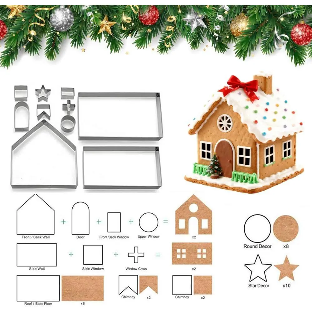 Gingerbread House Cookie Cutters Shapes Large, Set of 10 |  Gingerbread House Kit for , Stainless Steel, Metal Biscuit Molds for Christmas Winter Holiday Baking,  Package