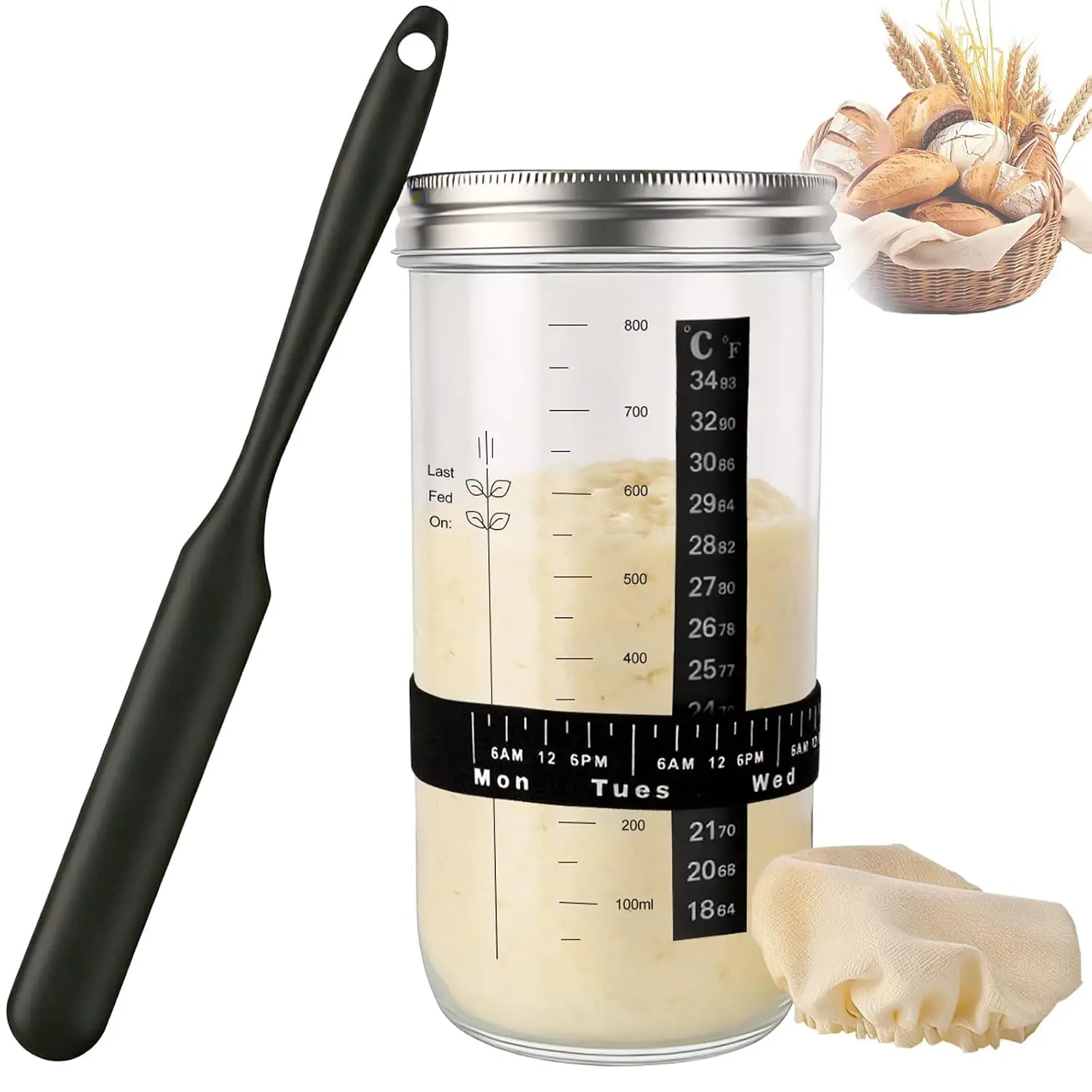Sourdough Starter Jar Kit, 34oz Wide Mouth Sourdough Starter Jar - Date Marked Feeding Band, Thermometer, Spatula, Cloth Cover & Lid, Bread Baking Supplies for Beginners
