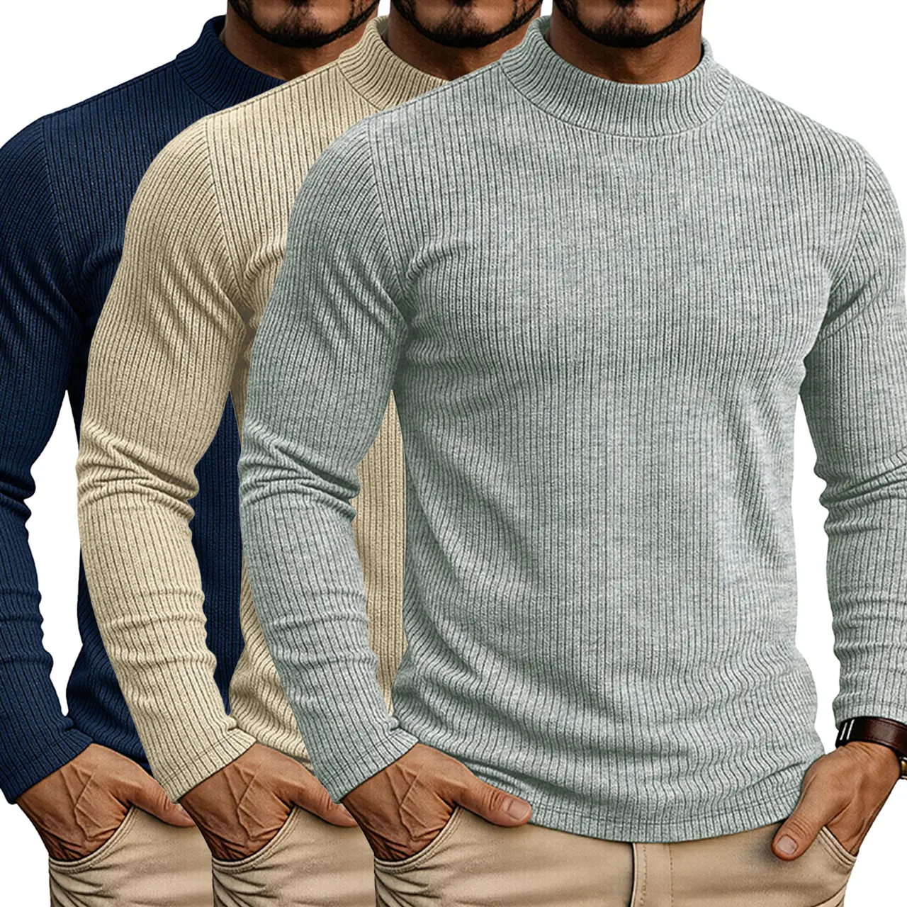Men's Stand Collar Knit Top 2/3-Pack, Casual Plain Full Sleeves Pullover, Neat Silhouette Base Layer for Daily Wear, Neat Cut, 2-Pack, No