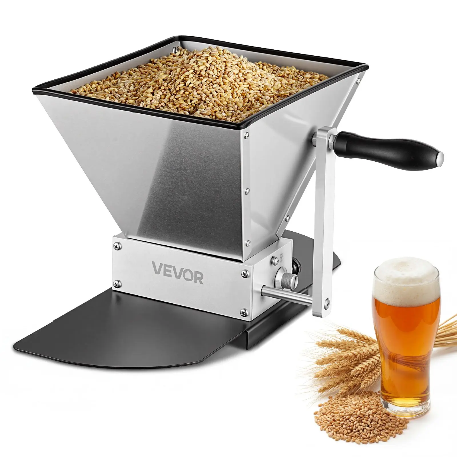 Manual Grain Mill, Homebrew Malt Grinder, Adjustable Barley Mill Crusher for Wheat Beer Brewing - with 2 Stainless Steel Rollers, 1.06 Gallon Hopper & Metal Base Plate