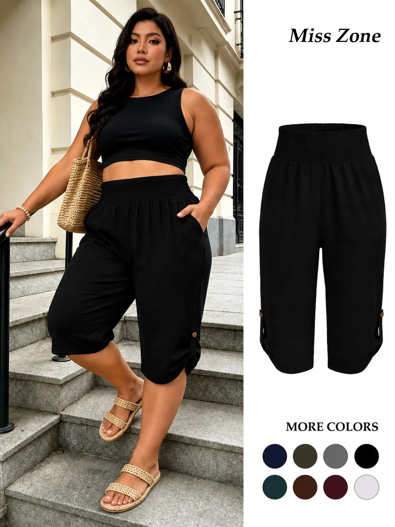 Plus Size Capri Pants for Women, Wide Leg Pull On Cropped Pants with Pockets, Casual Loose Fitted Lightweight Casual Summer Trousers, Bottom