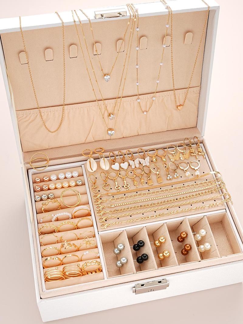 Fashion Faux Pearl Decorated Jewelry, Heart & Flower & Geometric Shape Earring Bracelet Necklace Ring Jewelry Set, Elegant Jewelry Set, Gifts without Box