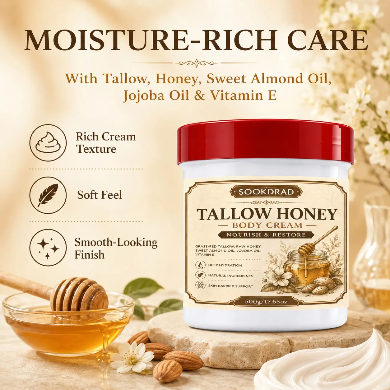 Tallow Honey Body Cream, Grass-fed Tallow, Raw Honey, Sweet Almond Oil, Jojoba Oil, Vitamin E, Deep Hydration, Natural Ingredients, Skin Barrier Support, Nourish & Restore, Body Moisturizer, 500g