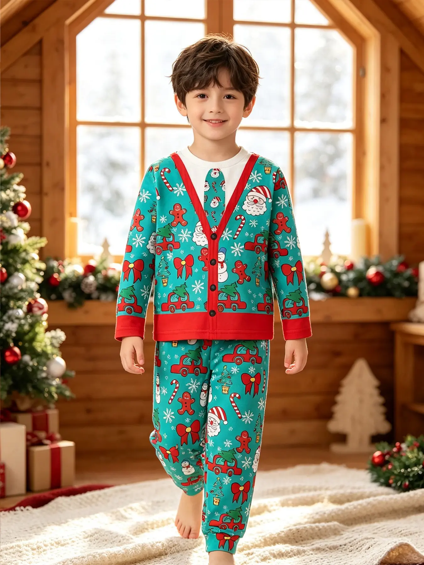 Children's Christmas-Themed Two-Piece Set, Featuring Full Prints Of Santa Claus, Gingerbread Men, And Christmas Trees On The Top And Pants. Suitable For Both Boys And Girls For Daily Wear And Festive Outfits. #Perfect Christmas Gift# Pajamas# Homewear