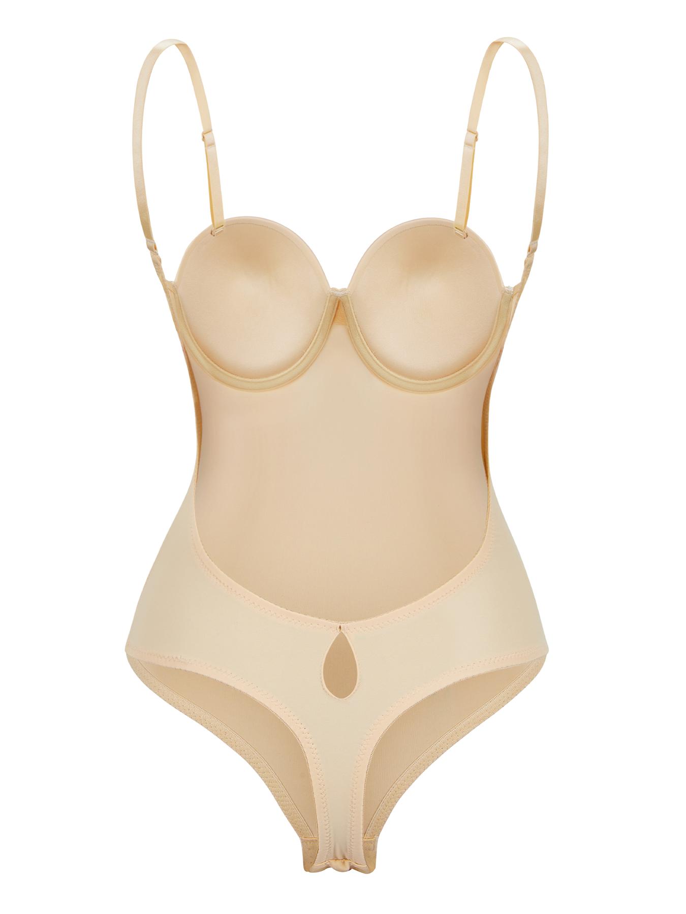 Women's Solid Backless Hook Eye Design Shapewear Bodysuit, Adjustable Strap Hollow Out Padded Bodysuit, Smooth High Stretch Fit Tummy Control Shaper for Daily Wear