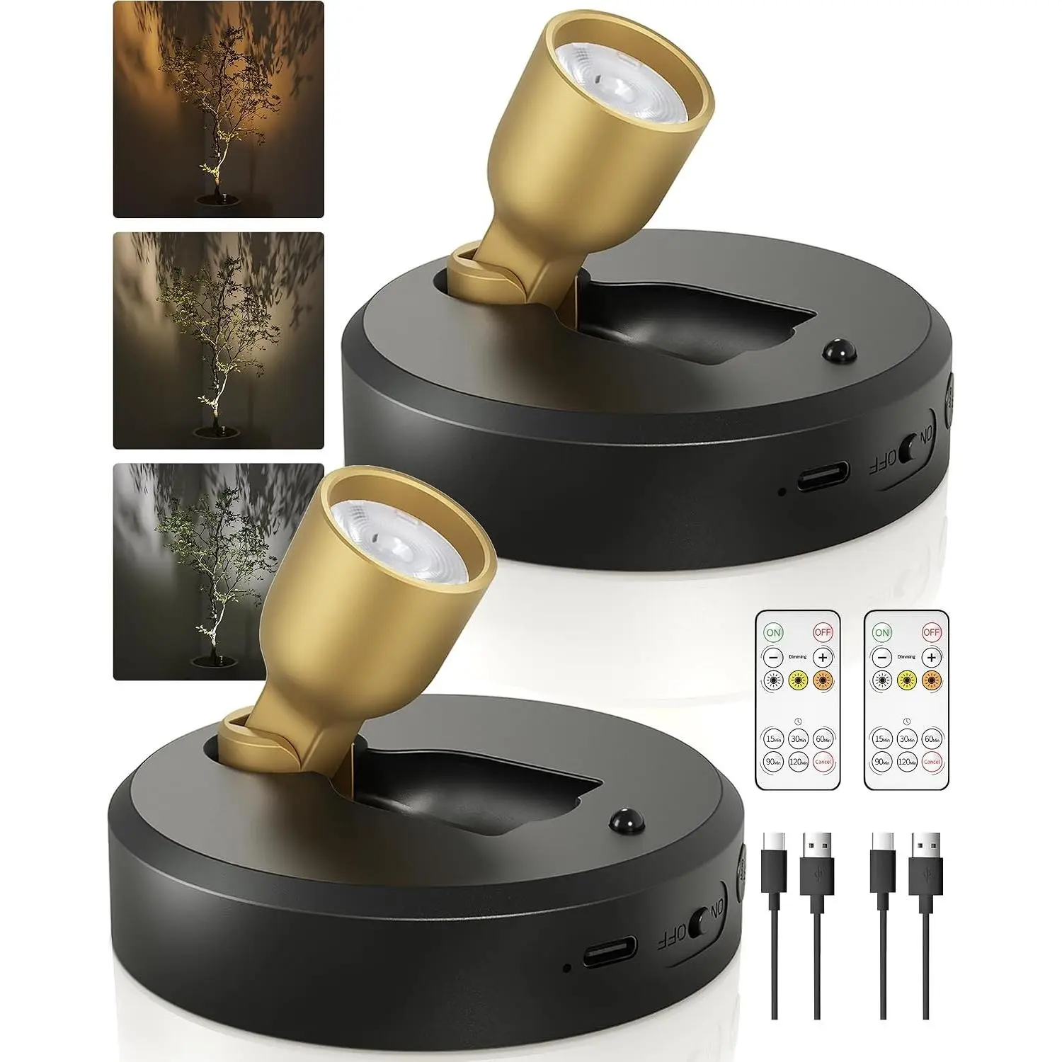 Spotlight Indoor with Remote, 4000mAh Rechargeable Battery-Powered Plant Spot Lights, Wireless Mini Uplights with Dimmable & 3-CCT, Timer, Accent Lighting for Pictures, Art, Displays (2-Pack)
