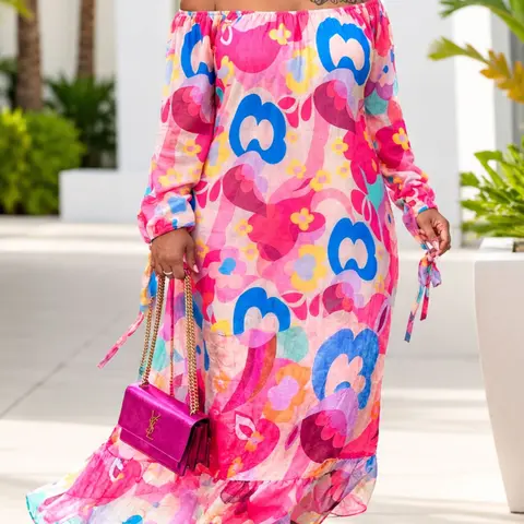 Plus Size Women's Floral Dress, Shoulderless Design Summer Vacation Long Dress, Casual Dresses, Casual Wear Romantic Elegance Essential, Print, Casual Boho Elegant Dress, Boho Fashion Dress