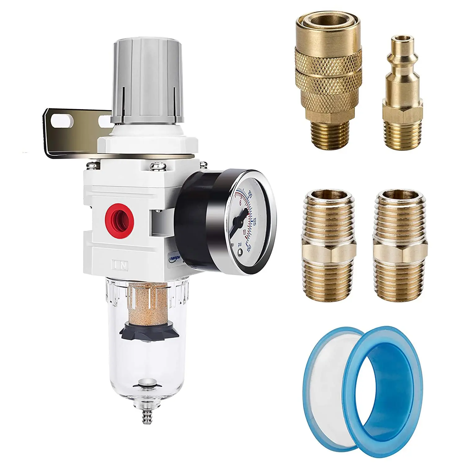 1/4" NPT Air Compressor Filter &  Regulator Combo w/Gauge | 5-micron brass  water/oil separator, poly bowl, semi-auto drain, 20 SCFM, 0-150 psi gauge—for  & air tools, 0-145 Psi