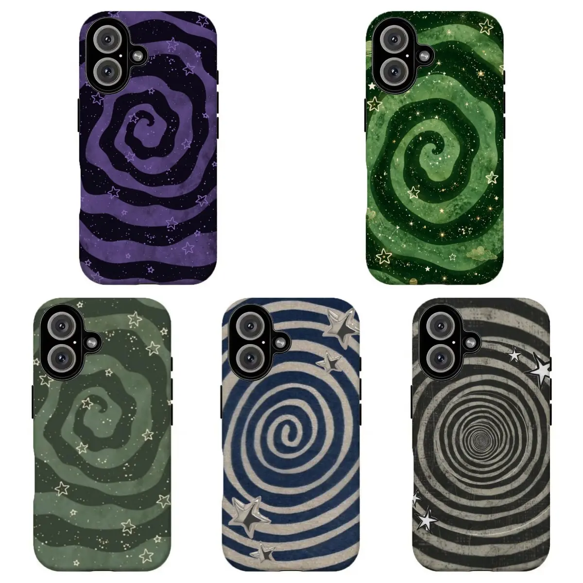 FL-Y2K Swirl Star Phone Case, Retro Grunge Spiral Marble Twisted Galaxy Star Dark Purple Green Navy Black Aesthetic Shockproof Protection Cover For iPhone 11 12 13 14 15 16 17 Air Pro Max for Samsung S26 S25 S24 S23 S22 S21 Case,Gift for her/him