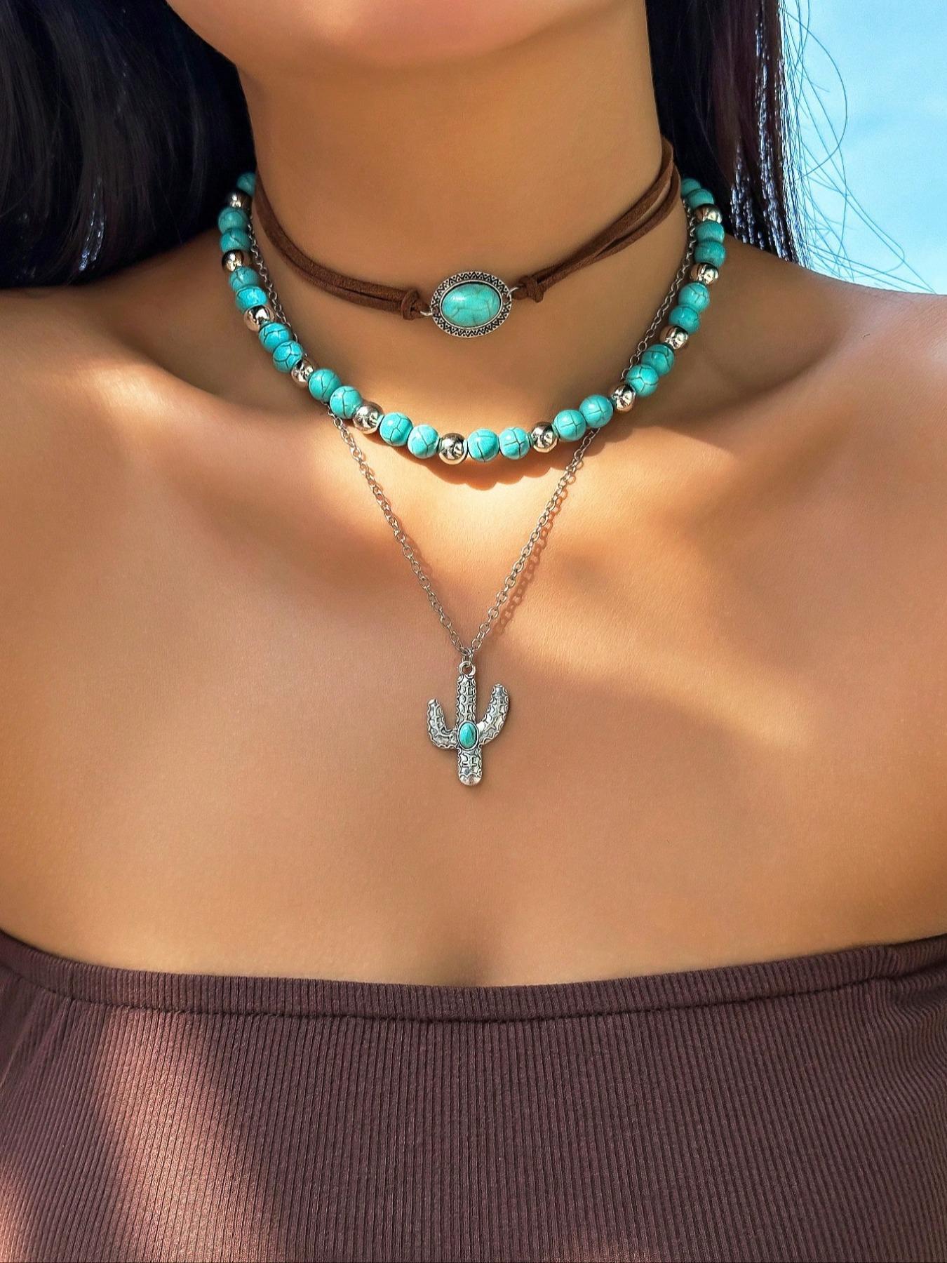 Vintage Cow Head Decor Beaded & Pendant Necklaces, Boho Style Turquoise Decor Necklace for Women & Girls, Party, Daily Clothing Decor, Birthday Gift, Daily Wear Necklace