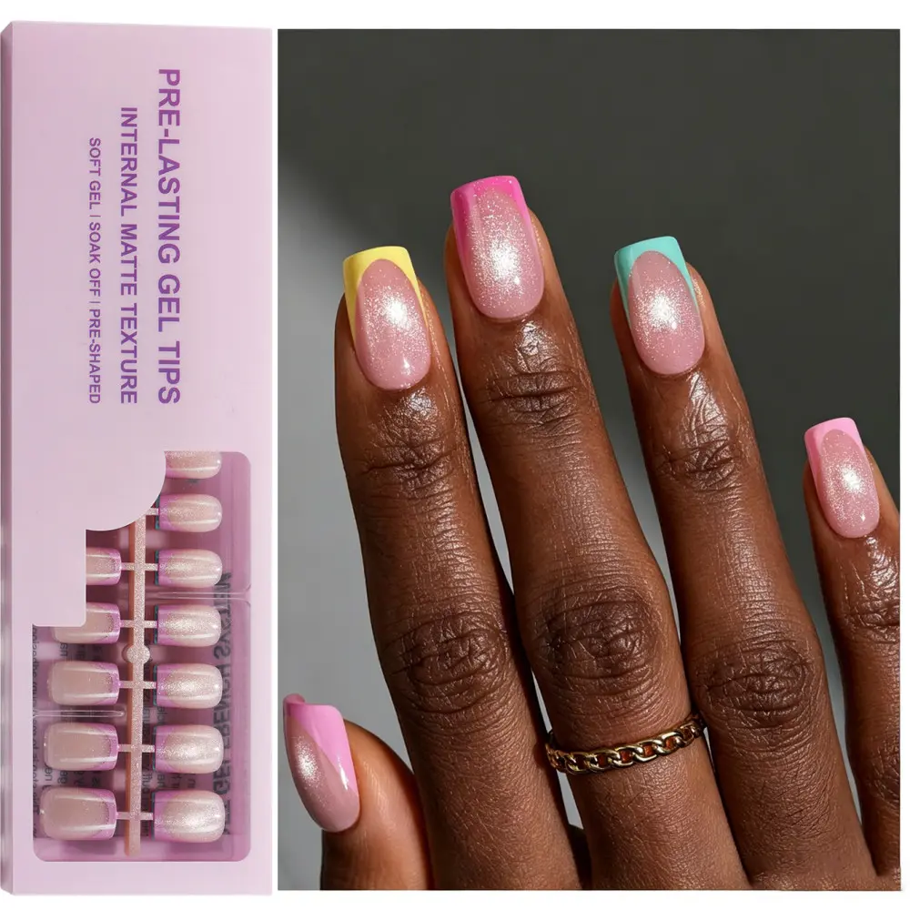 150pcs Shiny Aurora French Cat Eye Press-On Nails, Rose, Light, Full Coverage Removable Fashion Set, French Tip Nails, Women's Daily Use