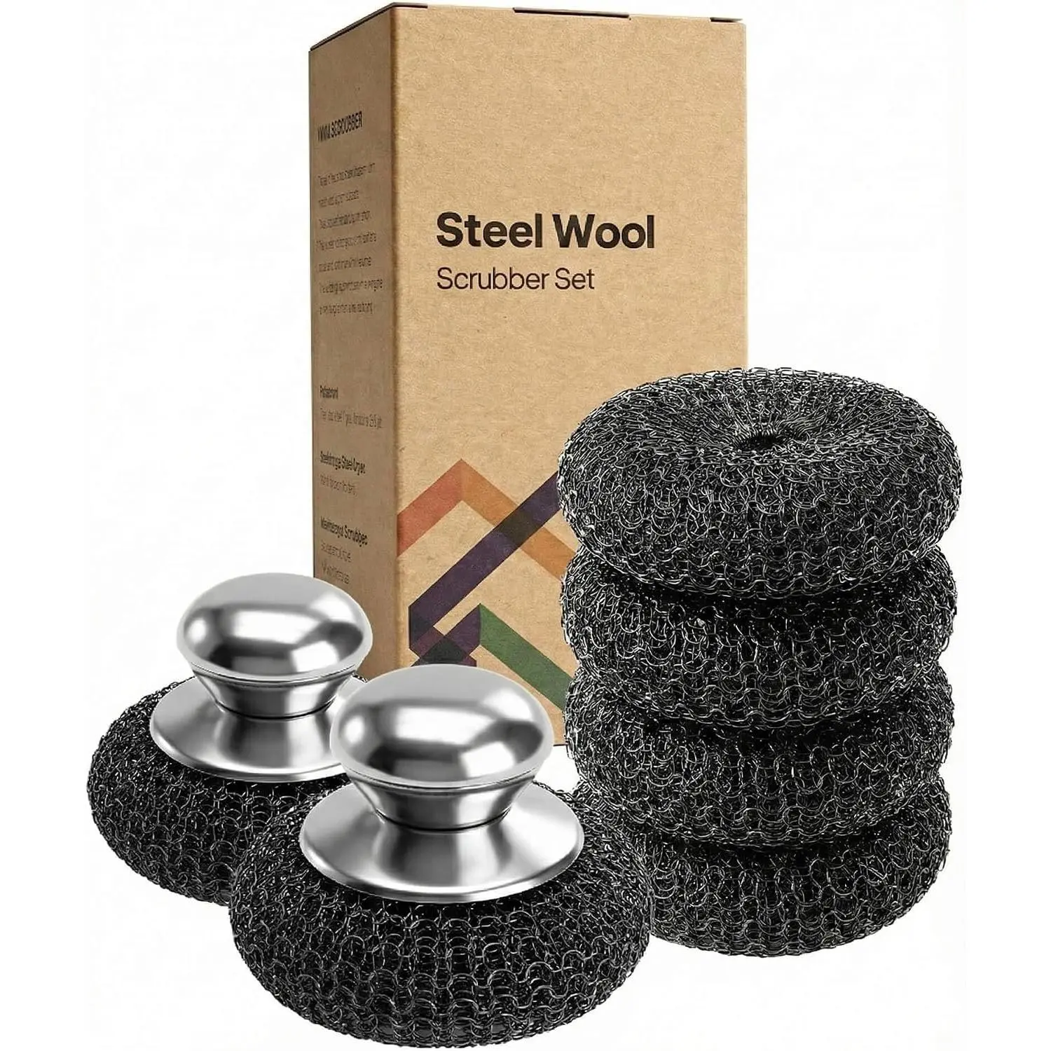 8 count Stainless Steel   with 2 count Handle - Heavy Duty Metal Sponge Scouring Pad for Cast Iron Skillet, Grill & Pots - Rust-Resistant Kitchen Dish , Protects Hands & Nails
