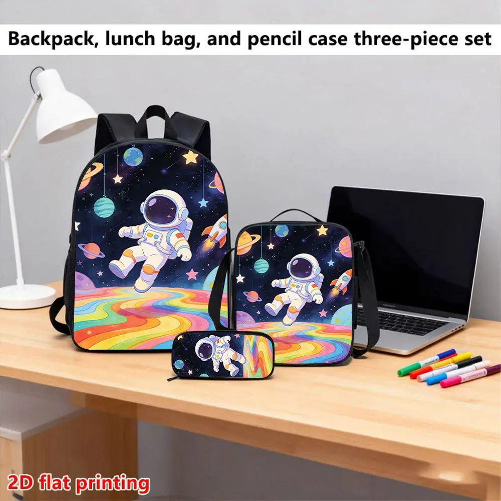 The "Astronaut's Rainbow Planet Adventure" 3-piece 2D flat-print backpack set includes a stylish black backpack, a practical crossbody bag, and a convenient pencil case. bookbag