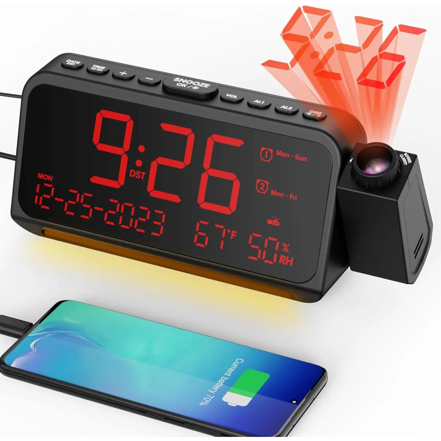 Projection Alarm Clock Set for Bedroom Ceiling & Wall - Digital Readout Clock Projector Tool with Weekday/Weekend Mode, Date, Temperature, Humidity, Type-C USB Charger, Night Light for Nighttime Use, Dual Alarms, DST, Dimmer, 12/24H