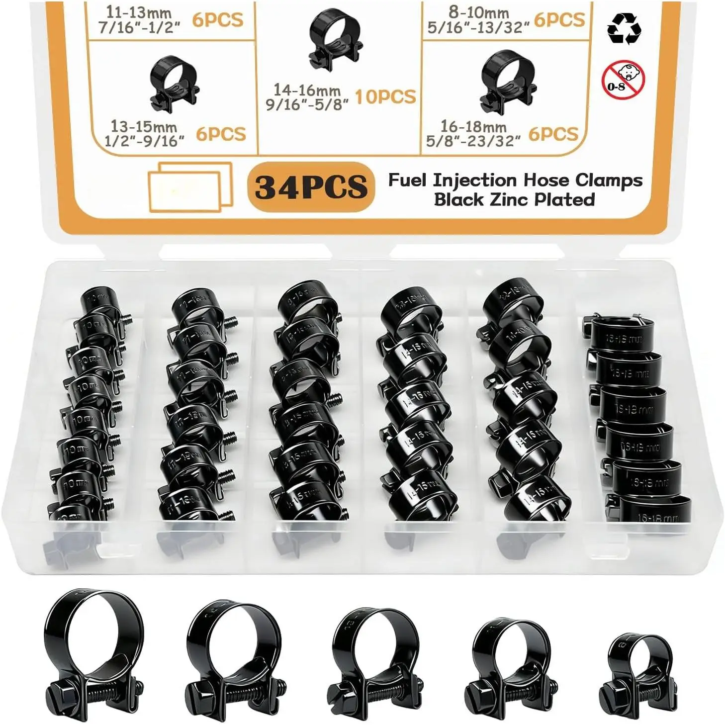 34 count 5 Sizes 8-18mm  Line Clamps Clips  Kit 1/4" 5/16" 3/8"  Injection Gas Line Automotive  Petrol Pipe Hose Clamps DD025-BN