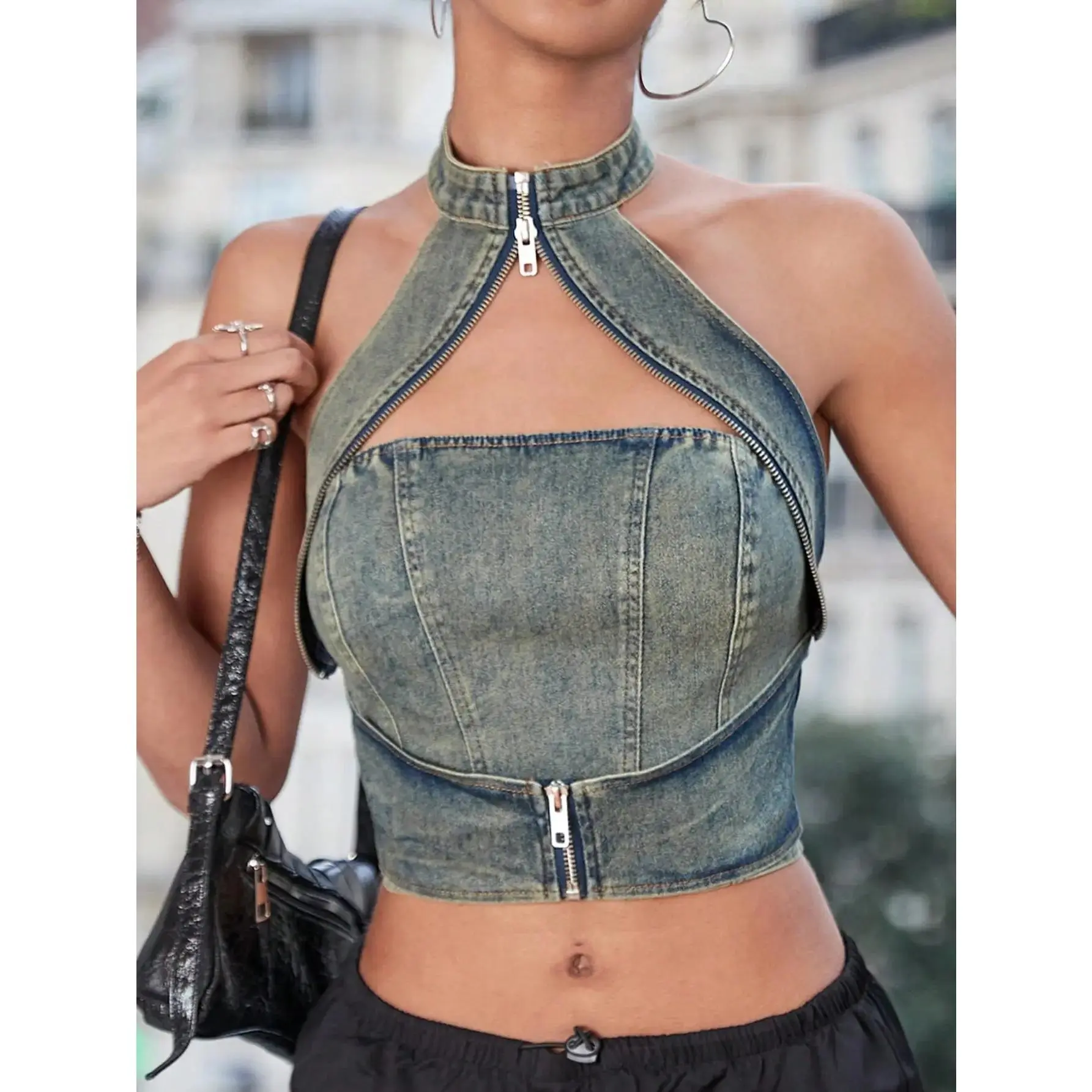 Women's Summer Halter-neck Short Denim Top, Vintage Denim Cropped Halter Vest, Double-zipper Design, Sexy Open-back Camisole.