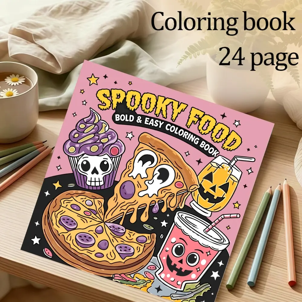 Horror Spooky Food Coloring Book, 7.9in×7.9in, Thick Paper, Simple Clear Lines, Stress Relief Design, Ideal Gift for New Year, Christmas, Back-To-School, Parties