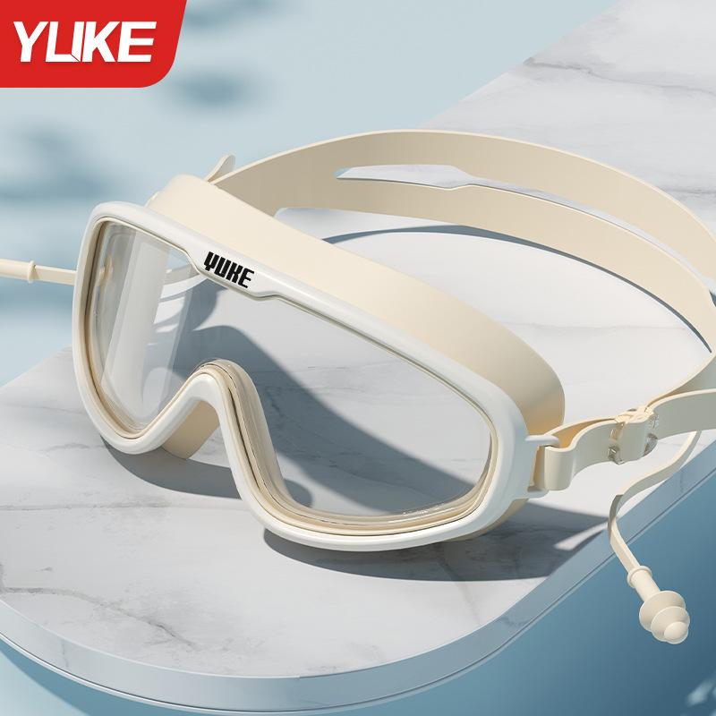 Large Frame Swimming Goggles with Integrated Earplugs Anti-Fog Leakproof Swim Eyewear and Silicone Cap Set