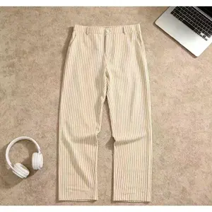 Men’s Beige Vertical Pinstripe Straight Leg Pants - Wrinkle-Free Cotton Blend Trousers, Smart Casual Office Wear, Old Money Aesthetic, Korean Fashion, Quiet Luxury, 2026 Trend Bubble Natural Retro Vibe Tee-Coordinated Clean Fit Pants