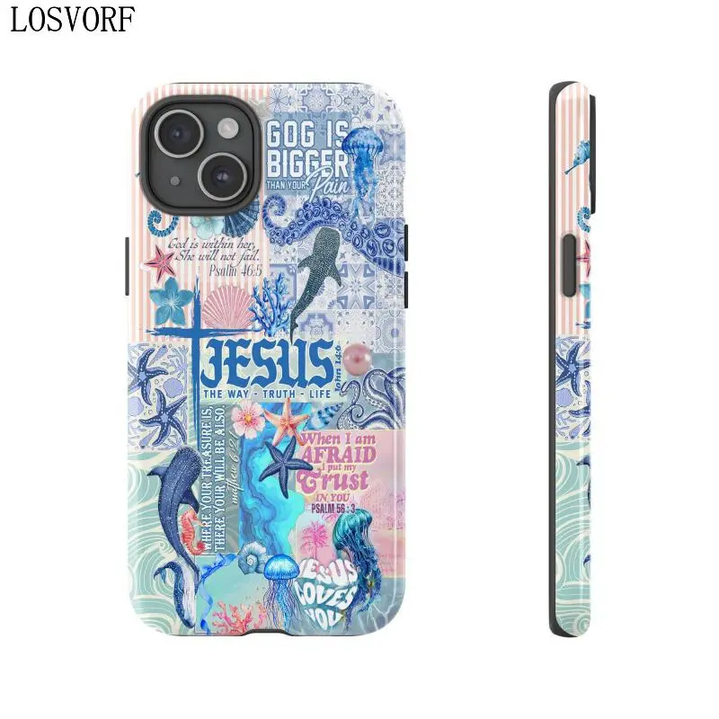 LOSVORF Ocean Christian Phone Case – Pastel Beach Aesthetic with Bible Verses, Whale & Floral Collage – Inspirational Jesus Quotes for iPhone 16 15 14 13 12 11 Pro Max & Samsung Galaxy S25 S24 S23 Ultra Jesus Case, Shark Case, Seasha Compatible with