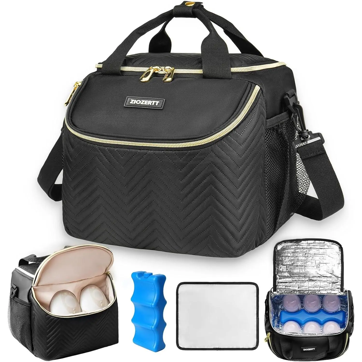 ZIOZERTT Wearable Breast Pump Cooler Travel Bag, Compatible with Momcozy Eufy Paruu Elvie Willow Medela Pumps, Includes Ice Pack & Water-Resistant Mat, Holds 6 x 9oz Baby Bottles