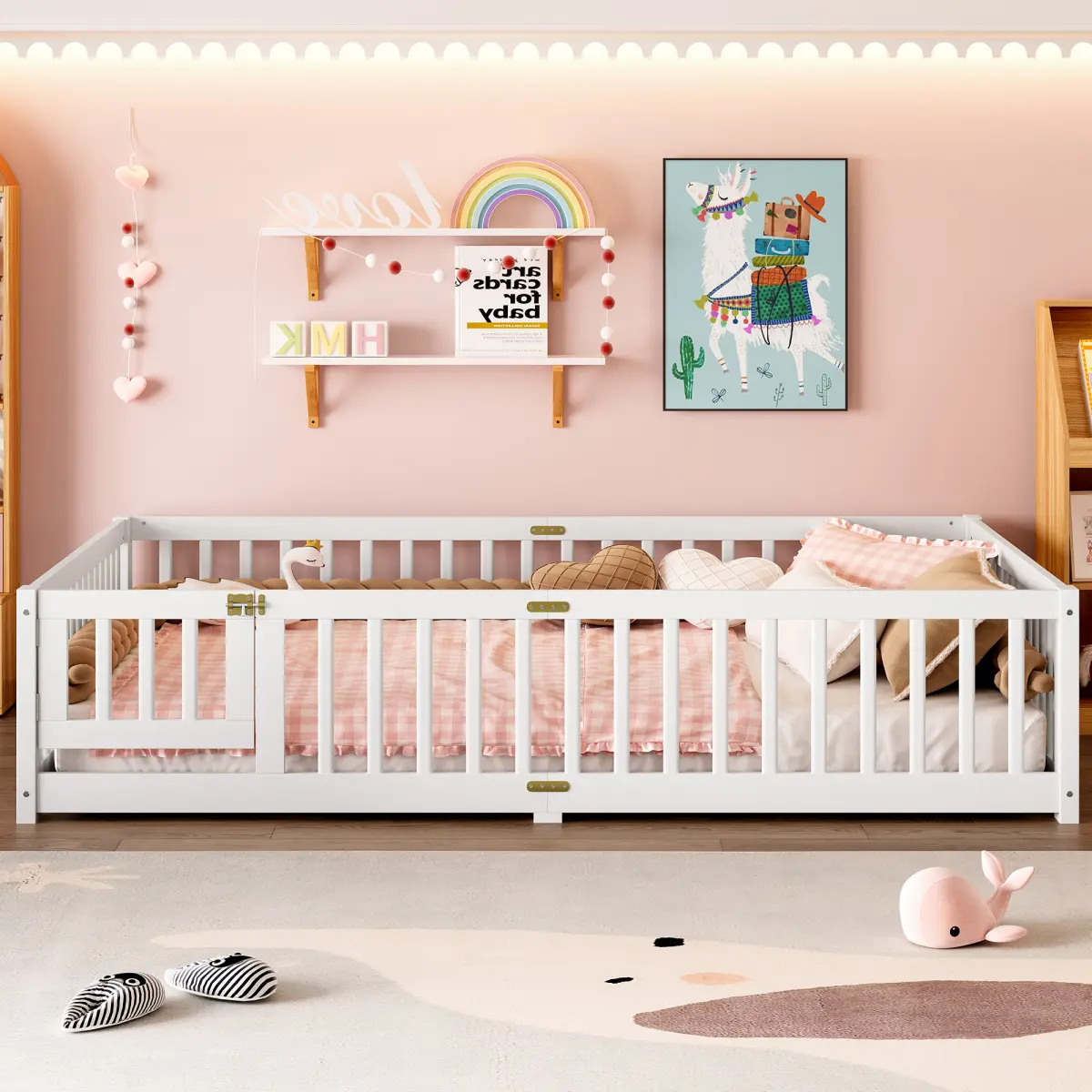 White Queen Size Pine Wood Montessori Toddler Bed (82.7x62.6x17.5in) with Surround Guardrails, Detachable Door, 8 Plywood Slats, 550LBS Max Load, Fits 4" Thick Mat, No Box Spring, Nursery Furniture