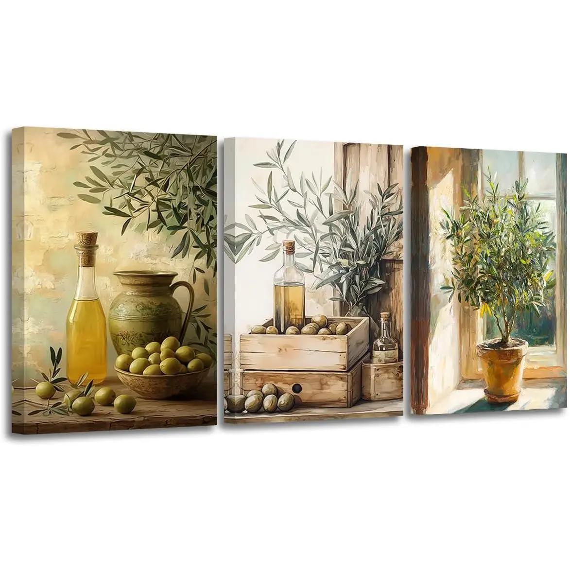 CXHOSTENT 3-Piece 11x14in Green Olive Canvas Wall Decor Set, Vintage Kitchen Pictures with Olive Oil & Branches Still Life Botanical Prints for Rustic Farmhouse Kitchen Walls, Gift Idea, Botanical Art