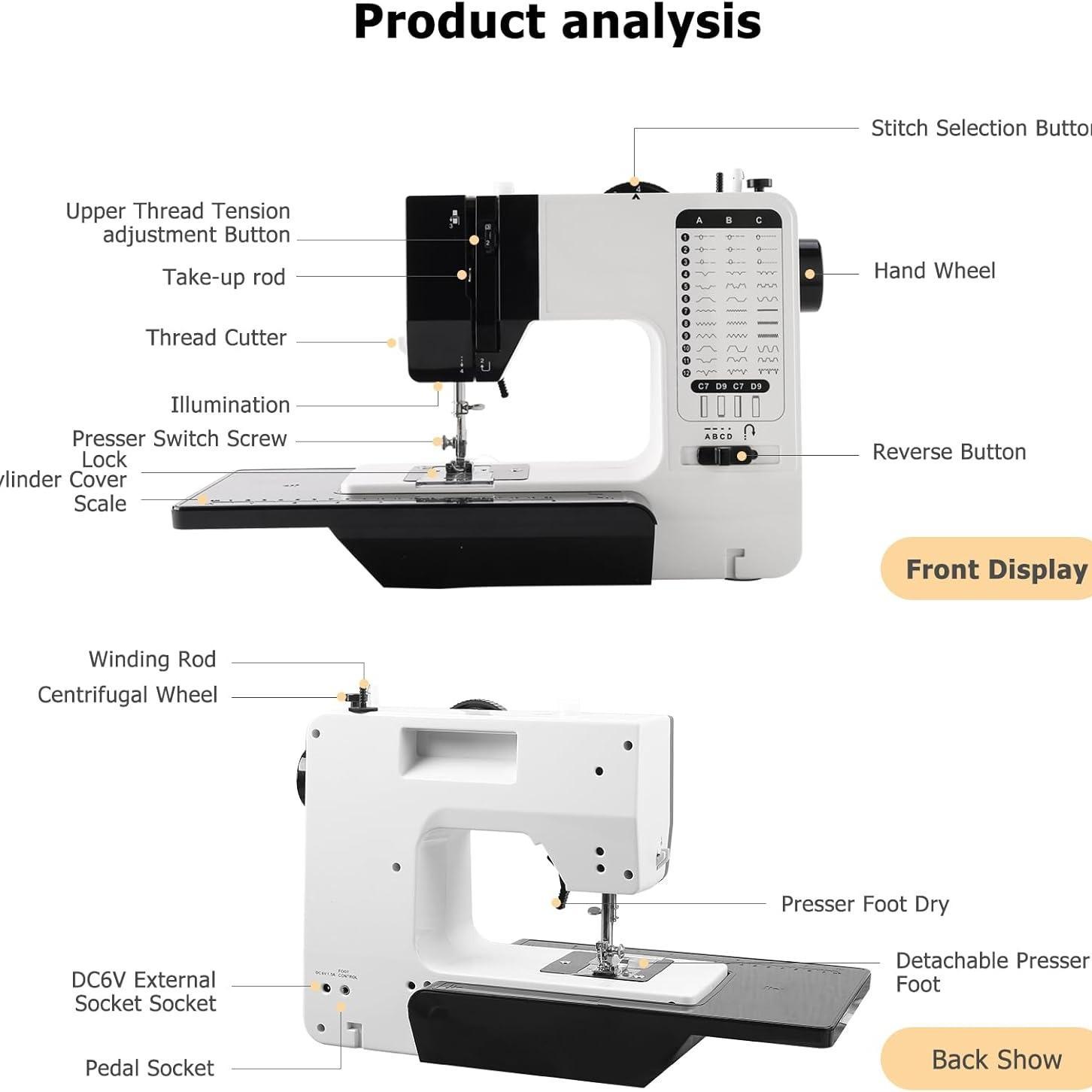 Portable Sewing Machine, Household Sewing Machine with 38 Sewing Functions, Sewing Machine with Extension Table, Foot Pedal & Accessories Set