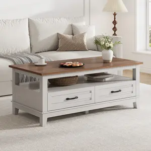 47.2" Modern Coffee Table, Farmhouse Wood Storage Table with Drawers & Open Shelf – Easy Assembly Center Table for Living Room, Balcony, Parlor
