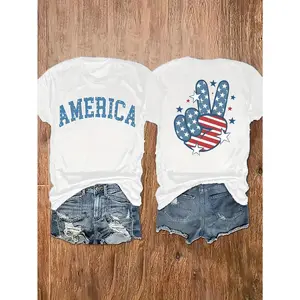 Patriotic 'AMERICA' Pattern T-Shirt, Featuring an American Flag Design, American Flag Top, 180g  Double-Sided Print Crew Neck Short Sleeve T-Shirt,