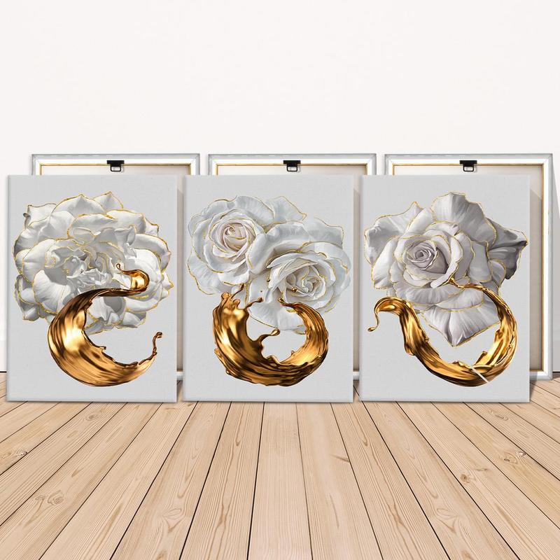 Wooden Framed Canvas Painting, 3 Counts/set Flower Pattern Wall Art, Modern Art for Home Living Room Bedroom Office Decor