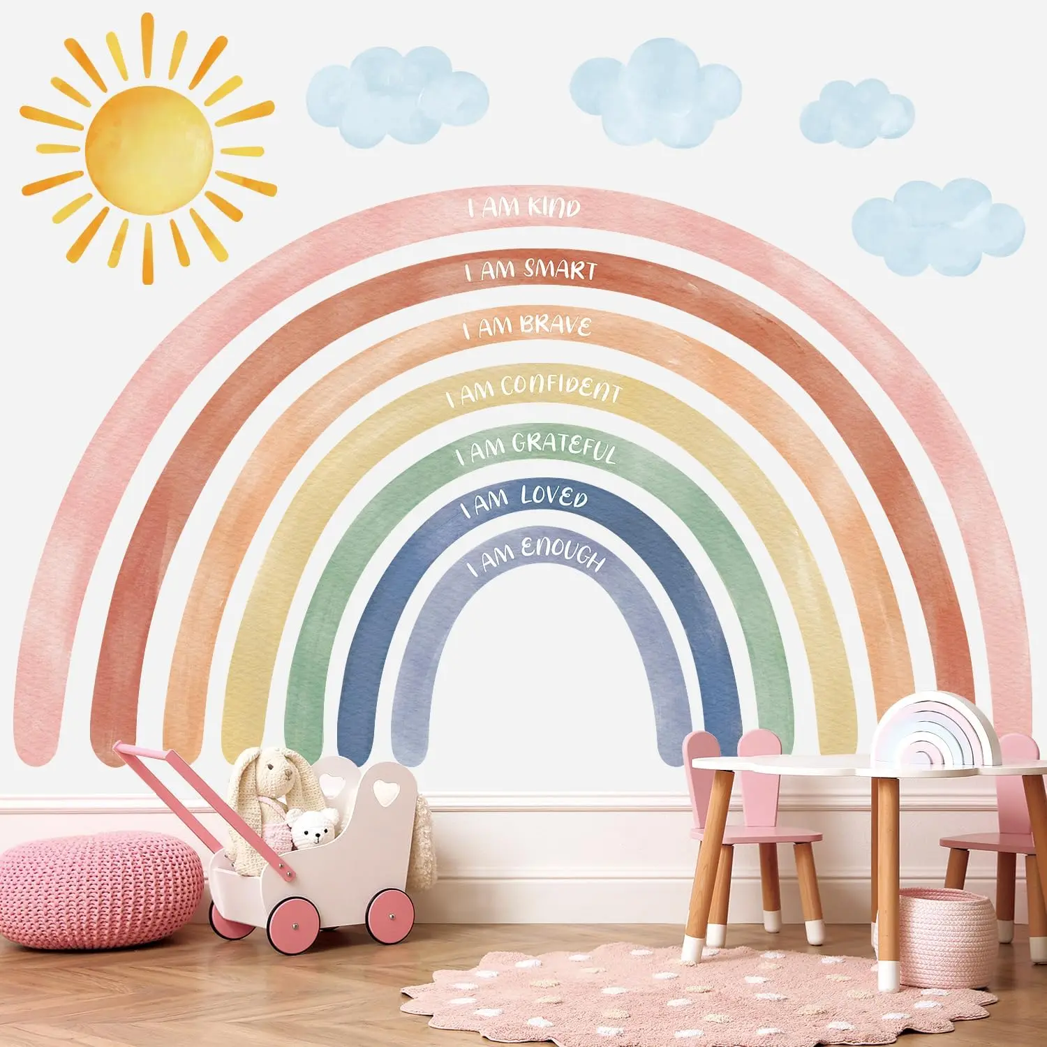 Rainbow text quotation wall sticker, cloud removable self-adhesive wall decoration, bohemian art style, baby nursery, girl bedroom, children's room, living room soft decoration