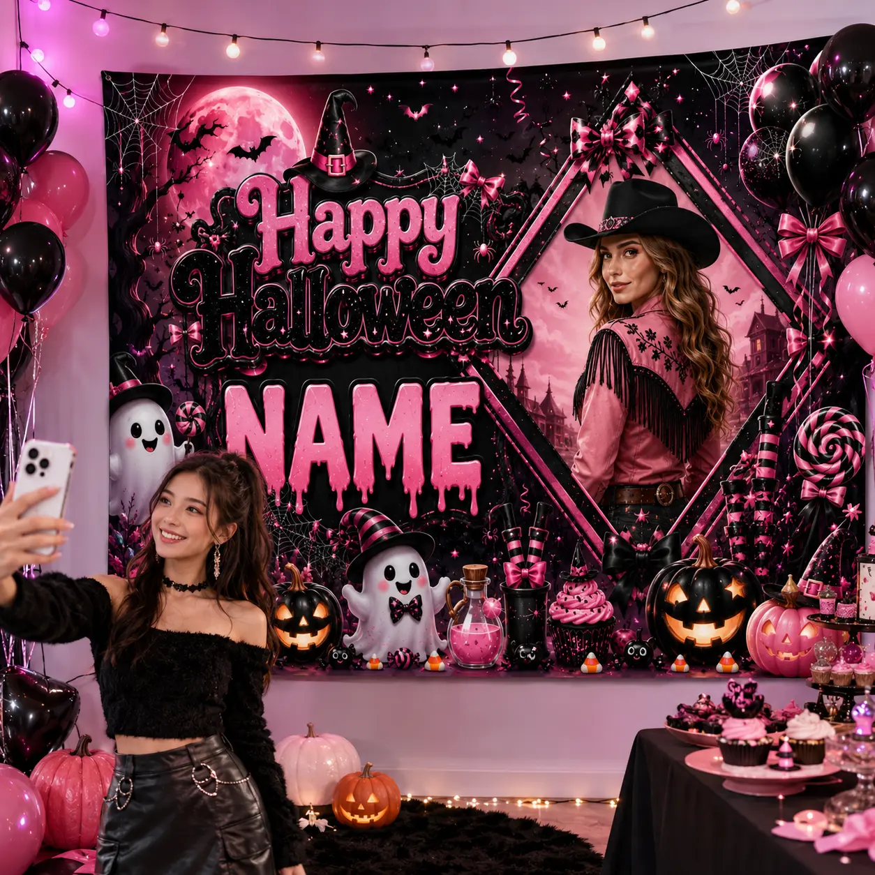 Personalized Pink Western Halloween Backdrop with Photo and Name, Ghosts, Pumpkins, Bows, Balloons and Candy