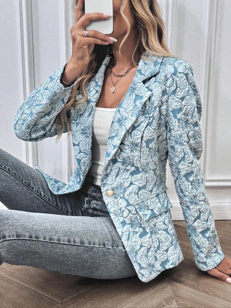 Women's Floral Pattern Blazer, Elegant Long Sleeve Open Front Outerwear for Work Office Business, Longsleeves Suit Blazer, Ladies Spring & Fall Clothes
