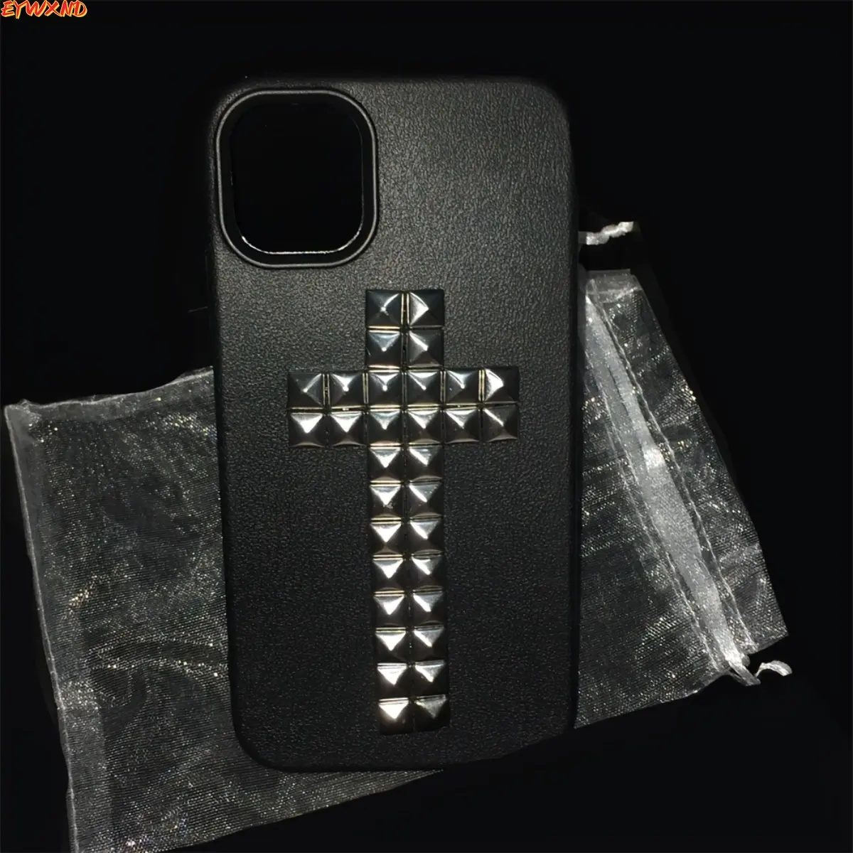 Punk Style Faux Leather Phone Casing - Cross Motif, Rock Rivet Detail Soft Back Cover for iPhone 17 Air,16,15,14,13,12,11 Pro Max Plus, Sports & Outdoor Phone Accessories with Protection Functionality sohochic