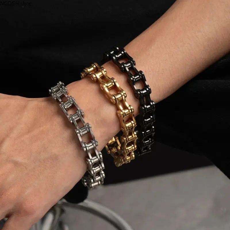 Stainless Steel Chunky Link Metal Bracelet - Bold Look Unisex Wear, Thick Bike Chain Design with Secure Clasp, Stackable Fashion Wrist Jewelry for Stacked Bracelets Style