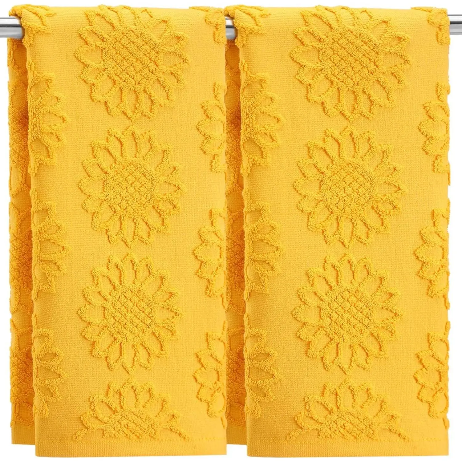SmoothNovelty 2 Pcs Sunflower Hand Towels, 100% Cotton Jacquard Weave Soft Absorbent Towel Set, 13.8 x 29.5 Inch Yellow Dish Washcloths for Bathroom Kitchen, Summer Theme Gifts