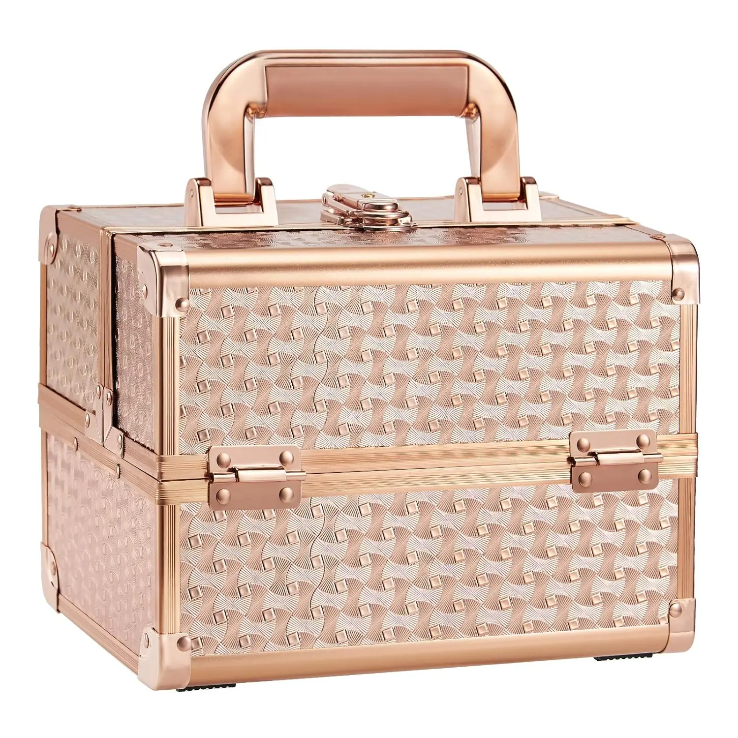 Lockable Rose Gold Makeup Train Case - Portable 2-Tier Trays Organizer with Keys, Mirror, Handle, Multi-Compartment, Water-Resistant (9.44 x 6.69 x 7 inches) for Cosmetics, Jewelry, Birthdays Present for Loved Ones, Ideal Size For Travel