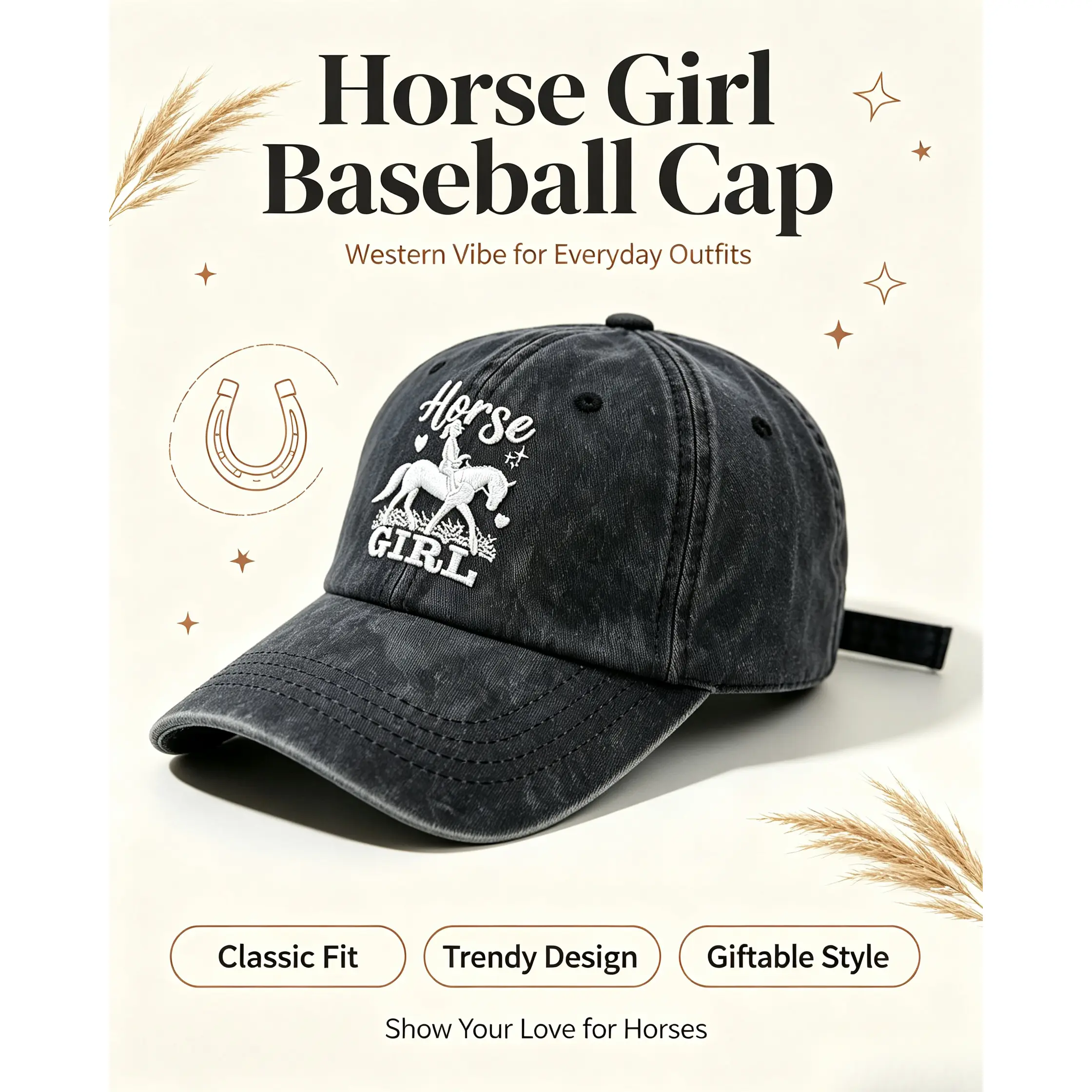 Black Vintage Baseball Cap with Horse Embroidery Women Dad Hat Cute Horse Girl Style Adjustable Cotton Hat Casual Streetwear Cap Equestrian Fashion Outdoor Summer Beach Riding Travel Gift for Horse Lovers