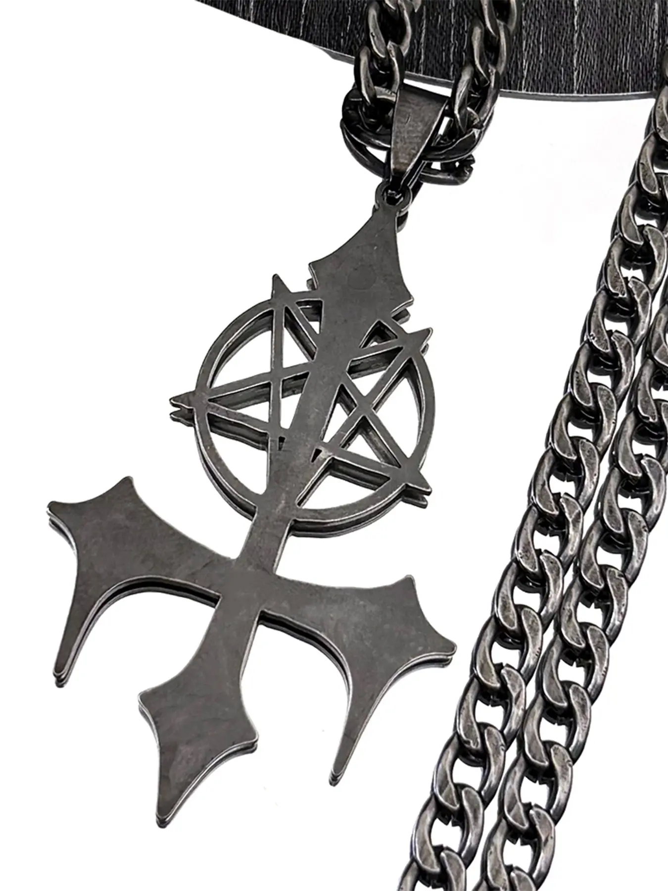 Pentagram Satan Fork Stainless Steel Inverted Star Cross Pendant Necklace for Women Men Gun Black Chain Necklaces Gift Cross Chain Design