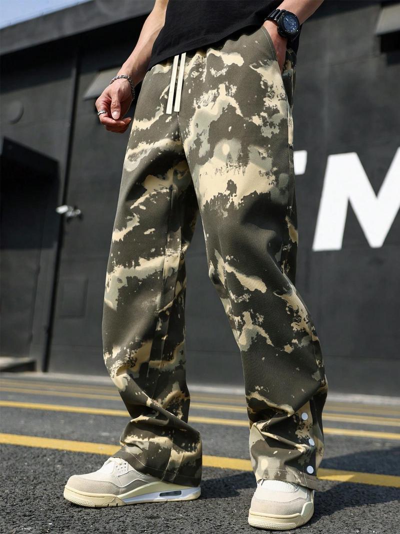 Menswear Loose Camo/Tree Print Drawstring Waist Pants, Casual Outdoor Pants, Casual Street Fashion Button Design Pocket Trousers for Daily Wear, Mens Bottoms for All Seasons, Earthtone Fallfreshness, Fall Gift