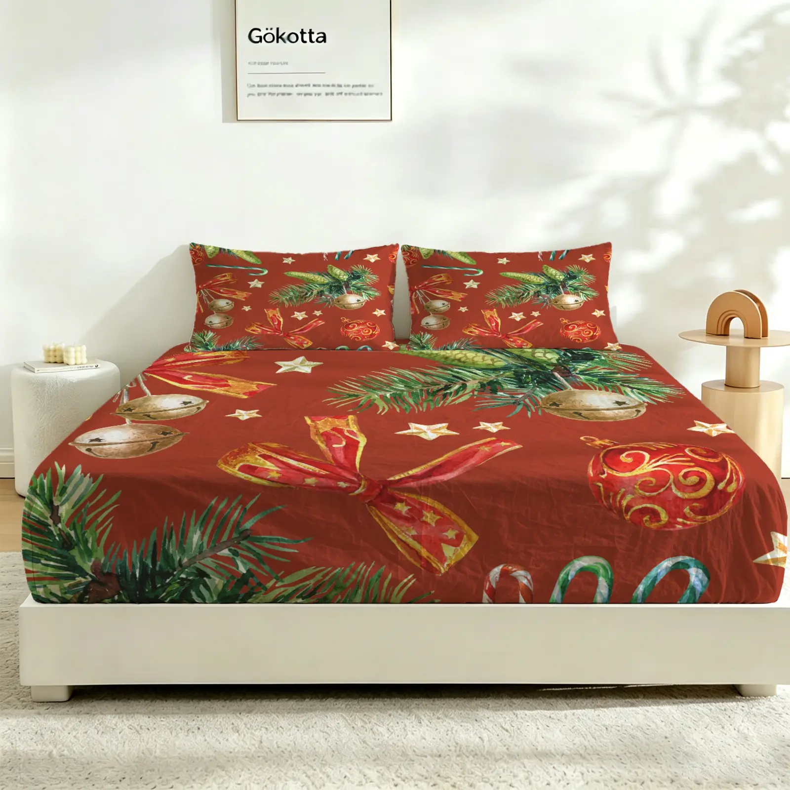 3Pcs Christmas Digital Print Fitted Sheet Set, Bed Sheet Set, Bedding Set, No Fillers, Soft Breathable Decorative Bed Cover with Pillowcases for Bedroom Guest Room Family Home, Holiday Bedroom Decor, Creates Warm Cozy Christmas Festive Atmosphere
