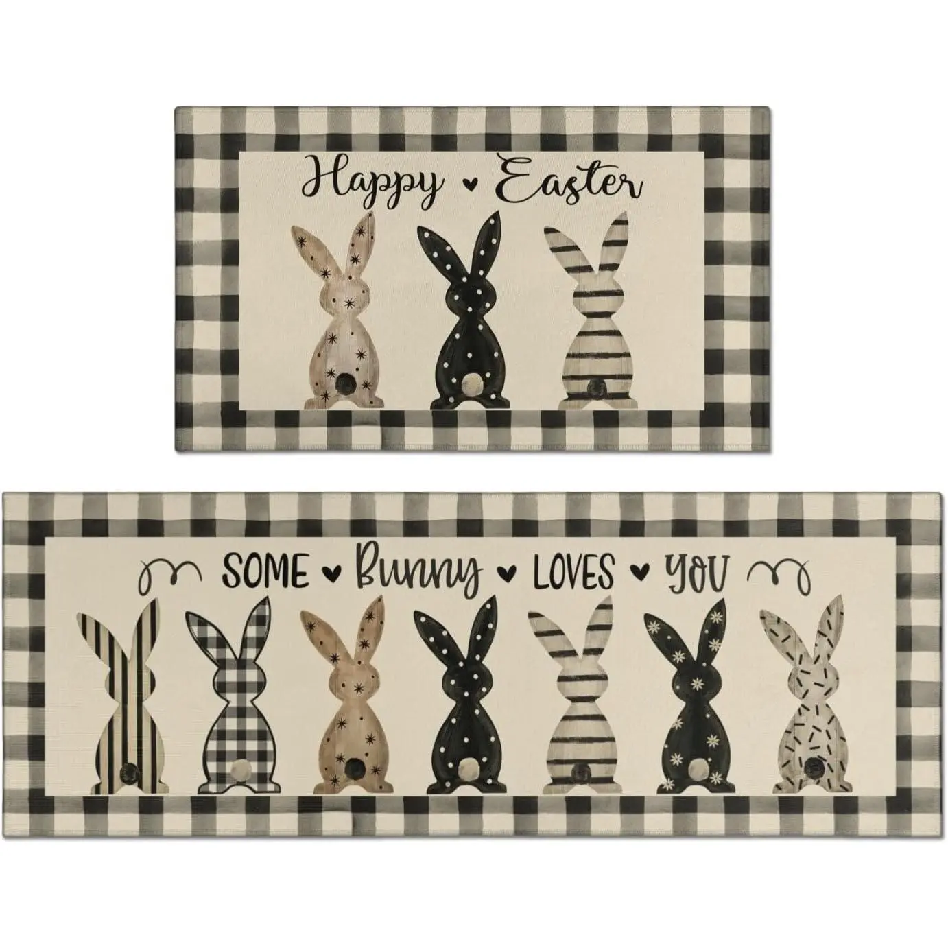 Easter Kitchen Rugs Set of 2, Checkered Bunny  Kitchen Mat,Spring Easter Kitchen ,Non-Slip Washable Mat, Suitable for Easter Kitchen Sink and Laundry Area,17x30+17x47Inch