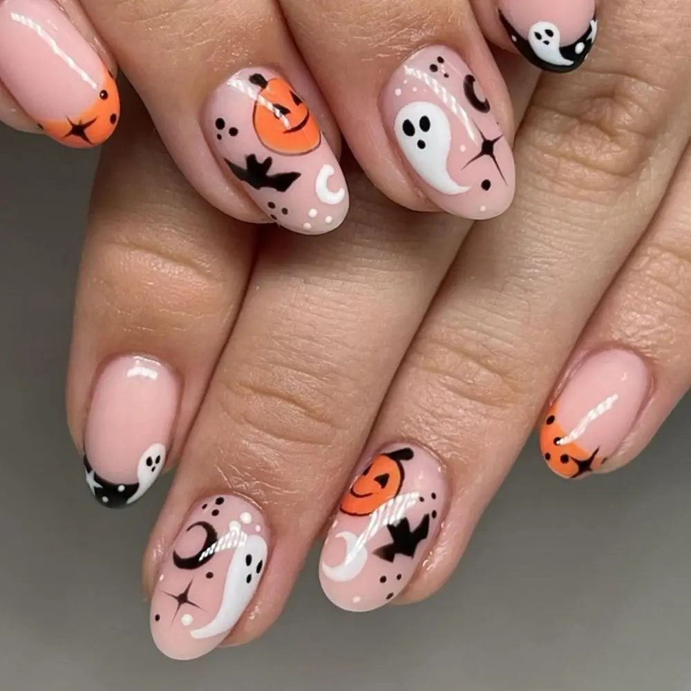 Halloween 24pcs Short Oval Press-On Nails, Ghost Pumpkin Bat Designs, Acrylic False Nail Set with Jelly Glue and Nail File, Square Shape