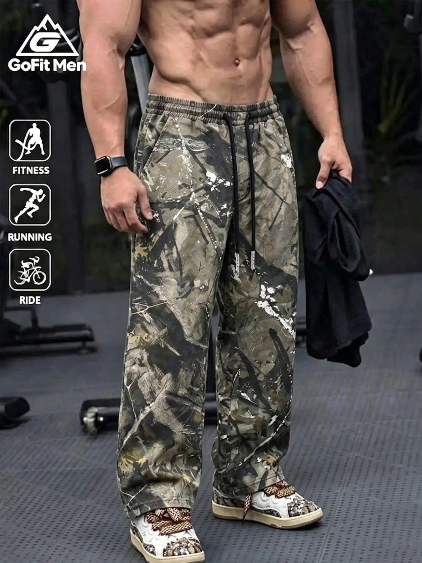 Men's Camouflage Print Straight Leg Sport Pants, Soft Fabric, Elastic Waist, Drawstring, Loose Fit, Ideal for Fitness, Running, Cycling, Streetwear, Drawstring Sweatpants, Knitted Sports Pants, Gym Sportswear Bottoms