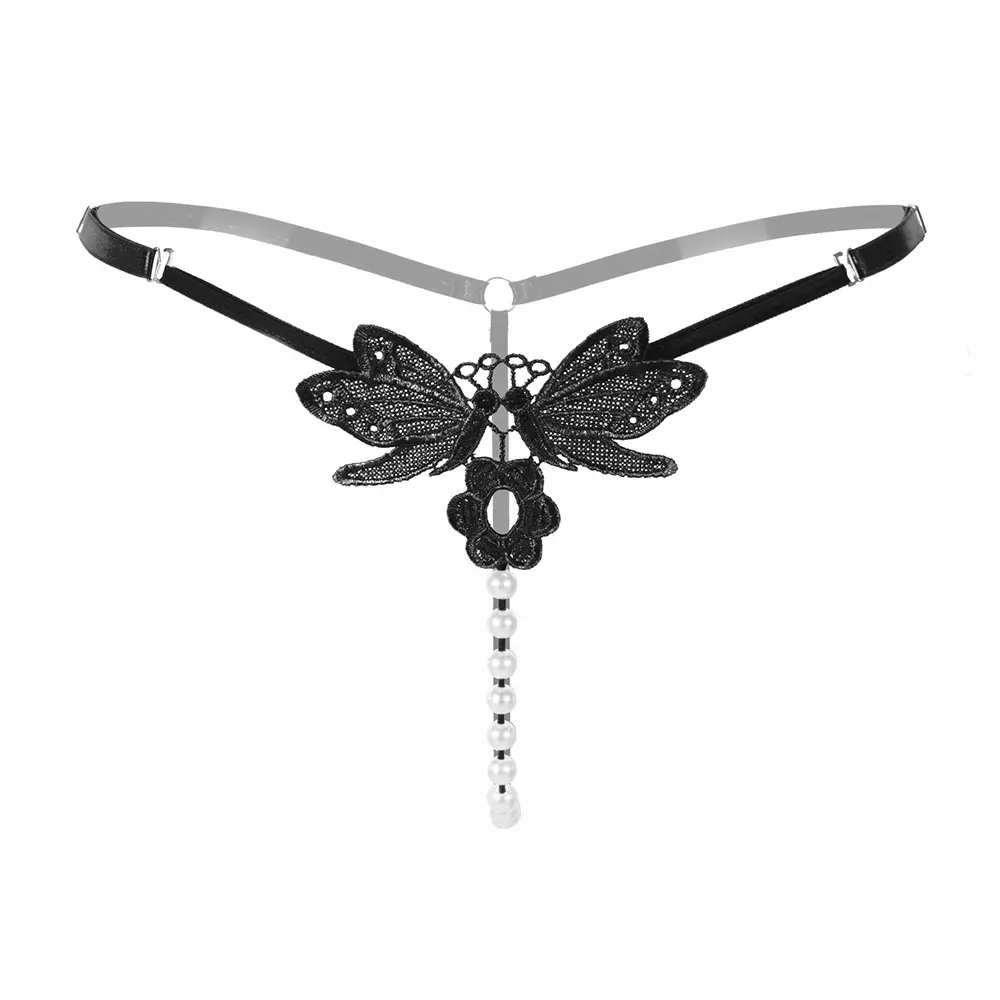 Women's sexy lingerie panties with pearl massage, open crotch, easy to remove, transparent and alluring T-back thong