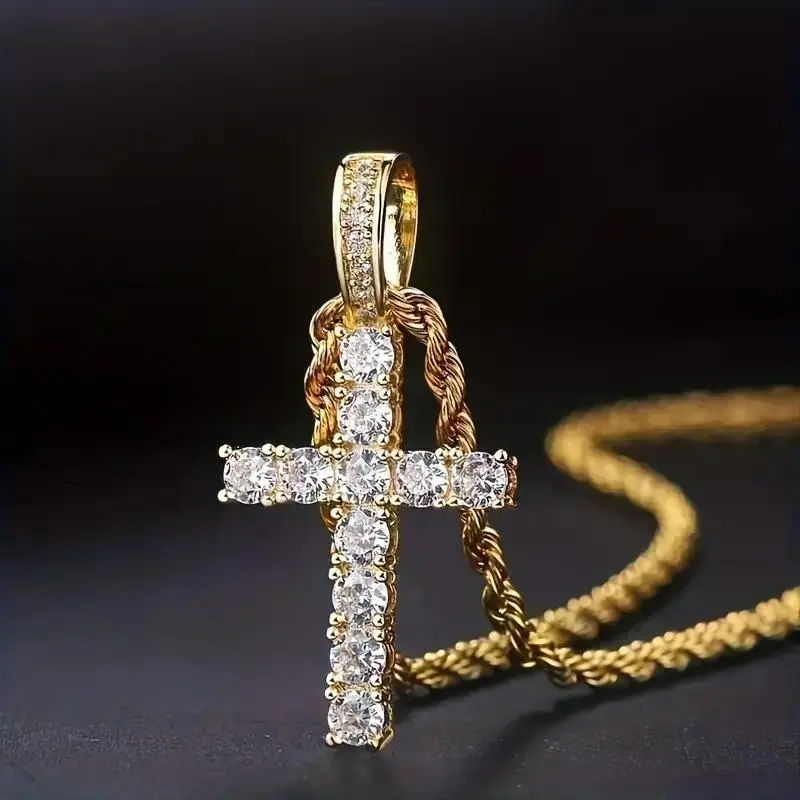 Exquisite Zirconia Cross Pendant Necklace for Women & Men, Chic Sweater Chain Jewelry, Luxurious Crystal Cross Necklace, Party, Daily Wear, Gift for Birthday, Anniversary, Holiday & Special Occasions