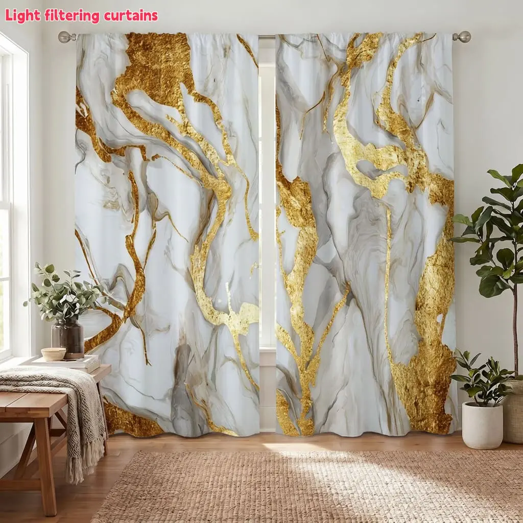 2Pcs Luxury Gold Marble Pattern Curtains, Artistic Design for Living Room Bedroom, Light Filtering and Privacy Protection, Home Decor
