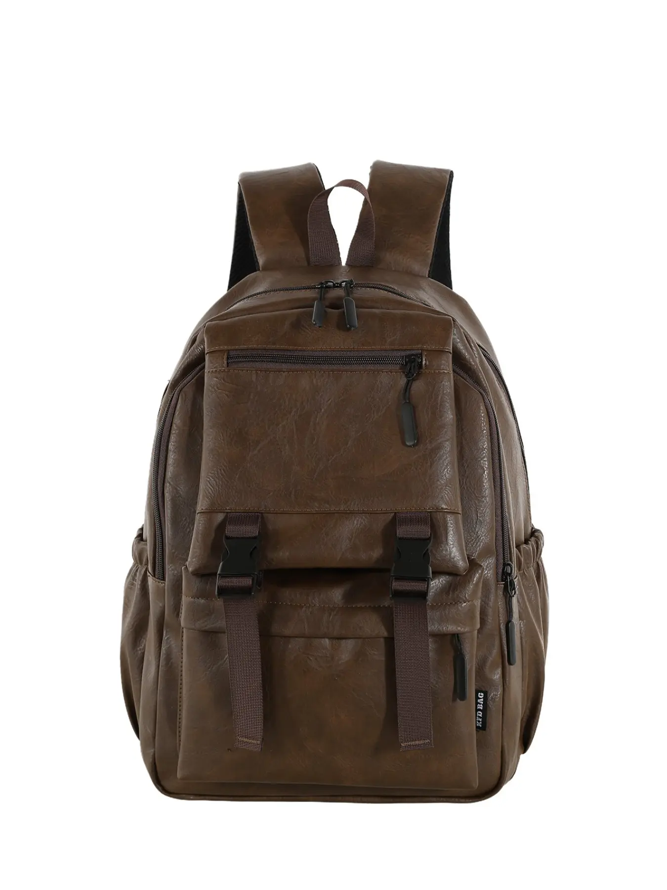 Vintage PU Leather Workwear Style Backpack, Multiple Buckles, Front Pockets, Side Water Bottle Holders, Laptop Compatible, Waterproof, Durable, Laptop Travel Backpack